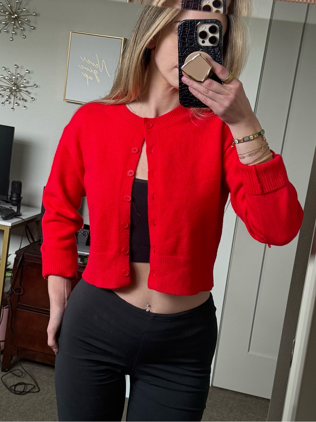 Red Cropped Cardigan Sweater Soft Minimalist Cozy Knit